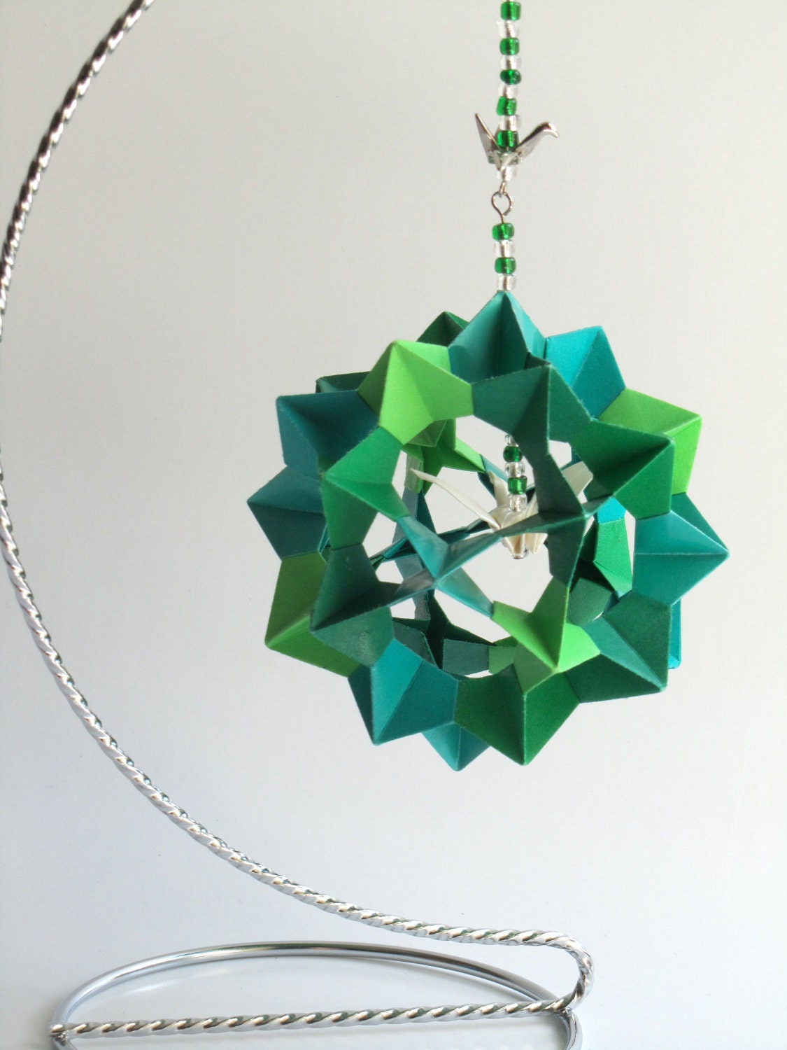 CHRISTMAS Ornament Decoration Home Décor 3D Modular Origami Handmade in Five GREEN Shades on Silver Metal Ornament Stand One Of A Kind