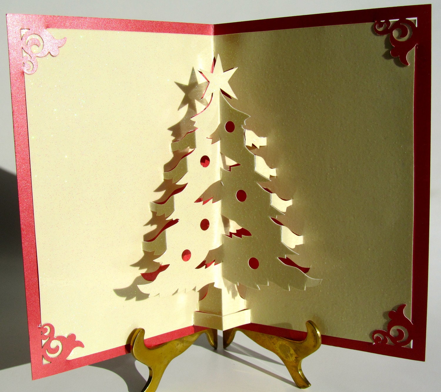 Christmas Tree Pop Up Up Greeting Card Home Décor 3D Handmade Origamic Architecture in Shimmery Metallic Sand Yellow and Bright Red.