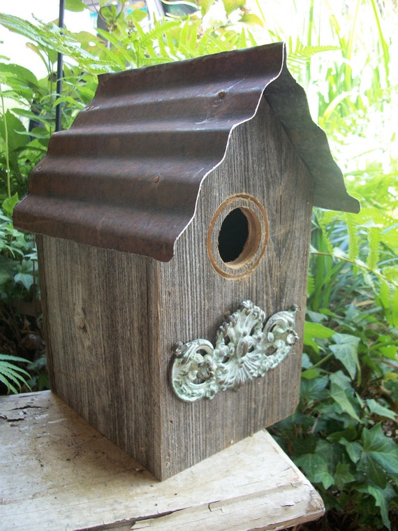 Rustic Tin Roof Birdhouse with Embellishment by deepsouthtreasures