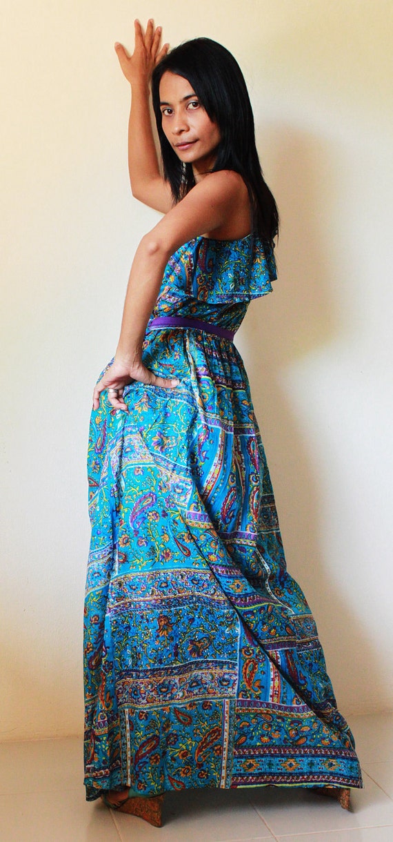 Long Summer Dress Paisley Elegant One Shoulder Ruffle