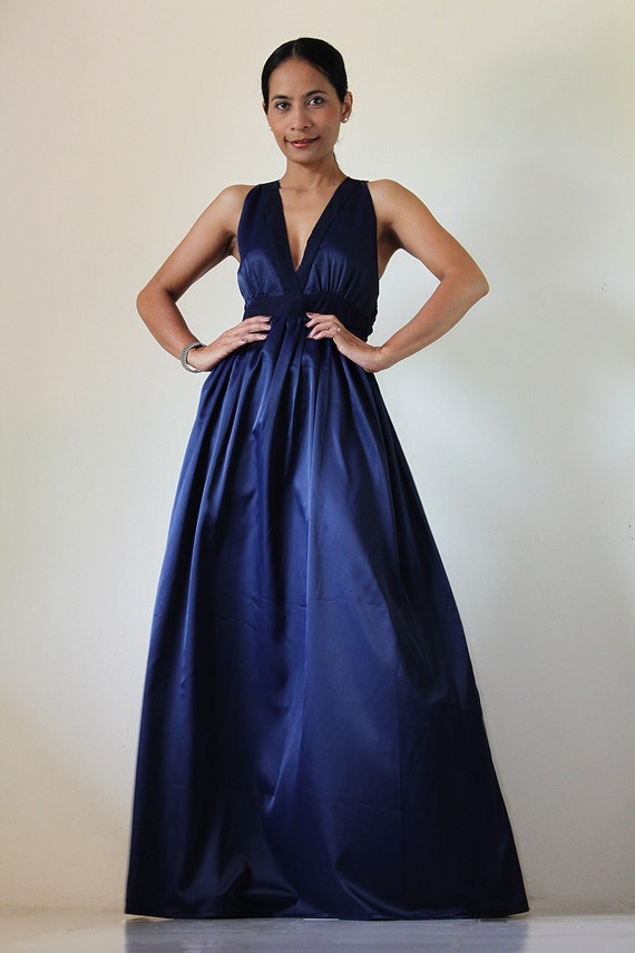 Navy Blue Maxi Dress Classy Elegant Deep V-Shape Sleeveless Formal ...