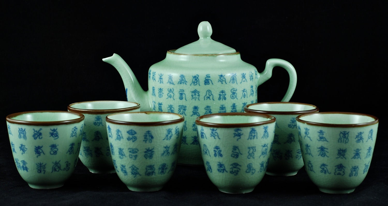 Antique Chinese 'Longevity' Tea Set in Celdadon and