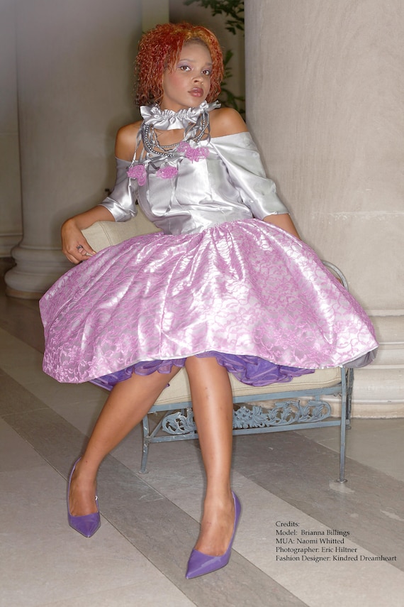 Grey Silver Satin Off shoulder Fuchsia Pink Lace Overlay Full Skirted Gown Limited Edition Handmade
