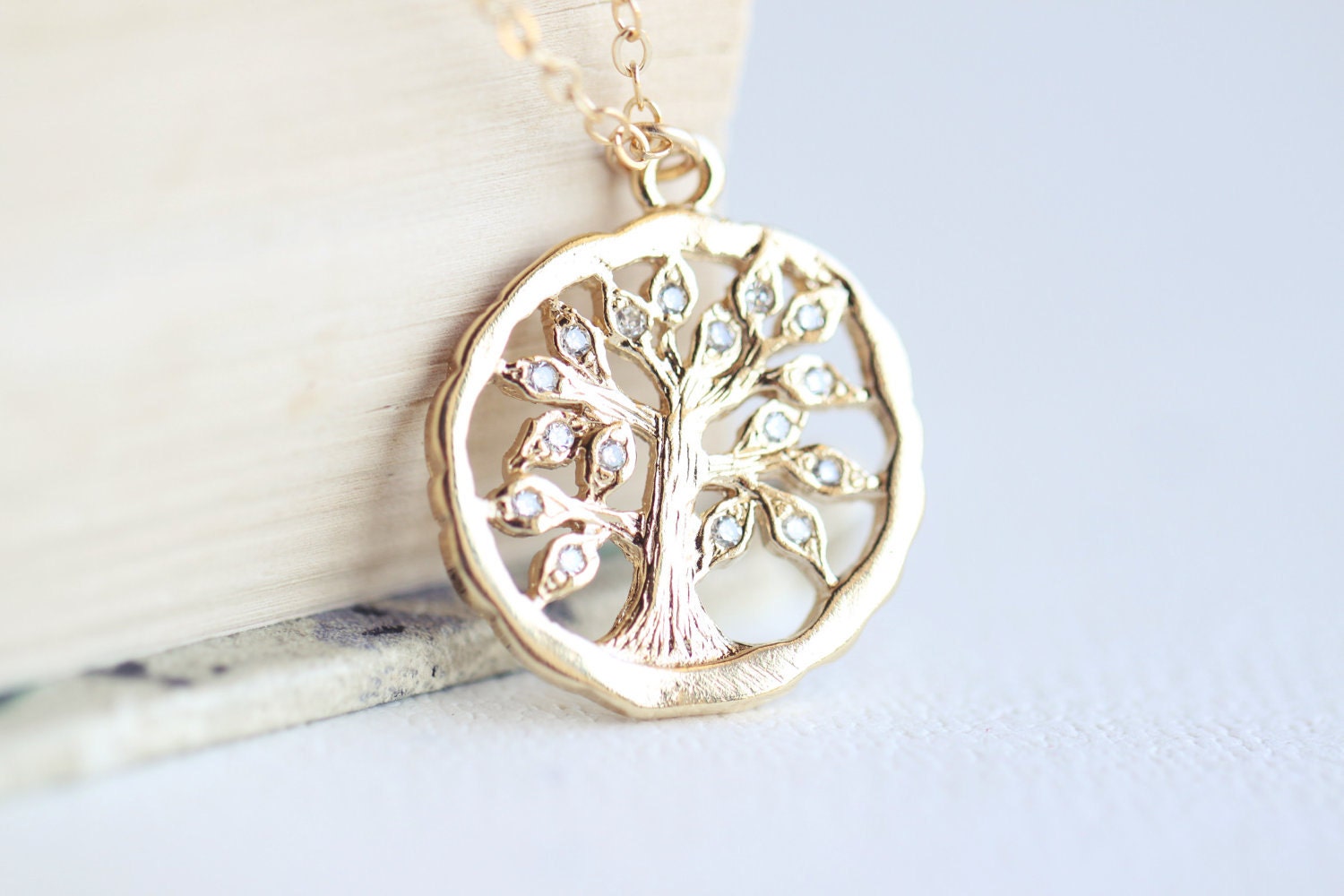 Family Tree Necklace gold oak tree pendant with crystal