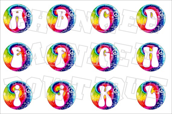 peace out tie dye alphabet bottlecap image sheet