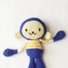 Crocheted Amigurumi Monkey - Royal Blue with White and Yellow Stripe Top