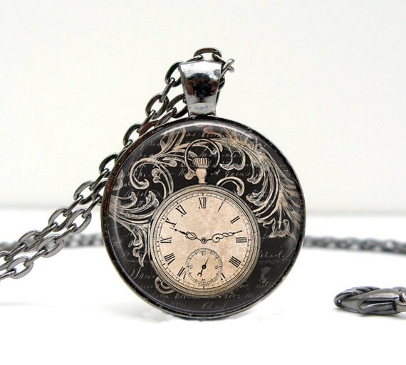 Items similar to Vintage Clock Necklace Glass Picture Pendant Photo