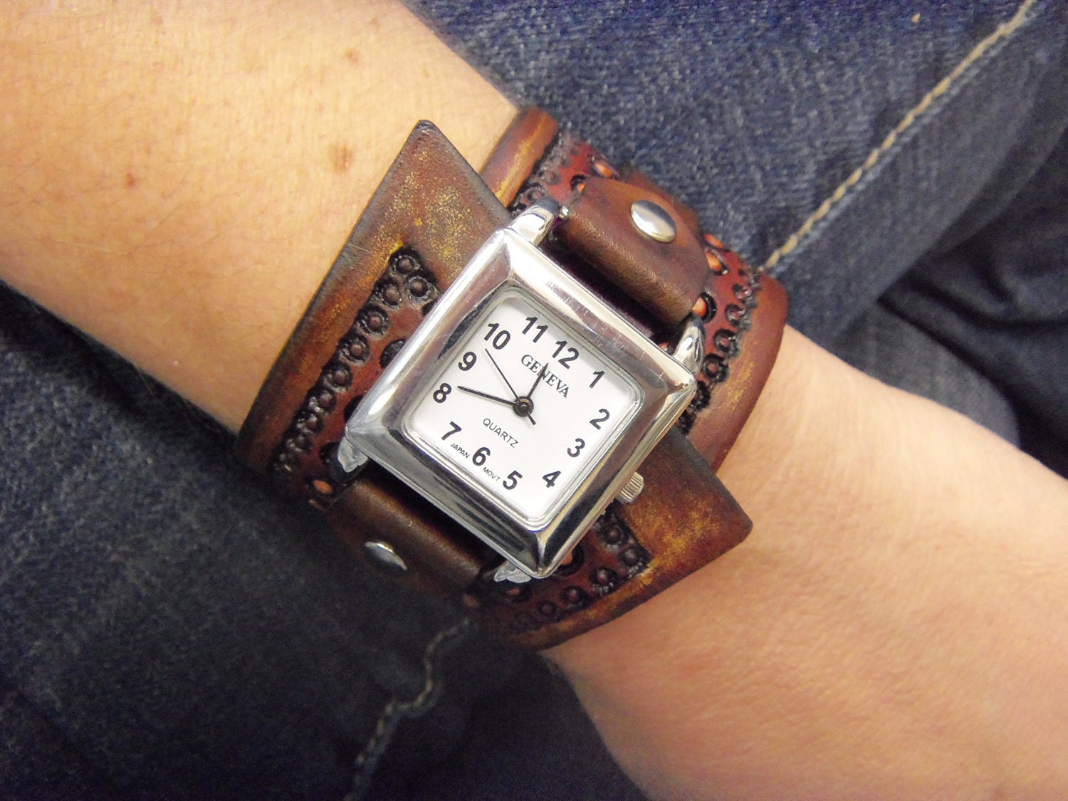 Hand Tooled Leather Wrist Cuff Watch Dark Brown by cyclecosmetics