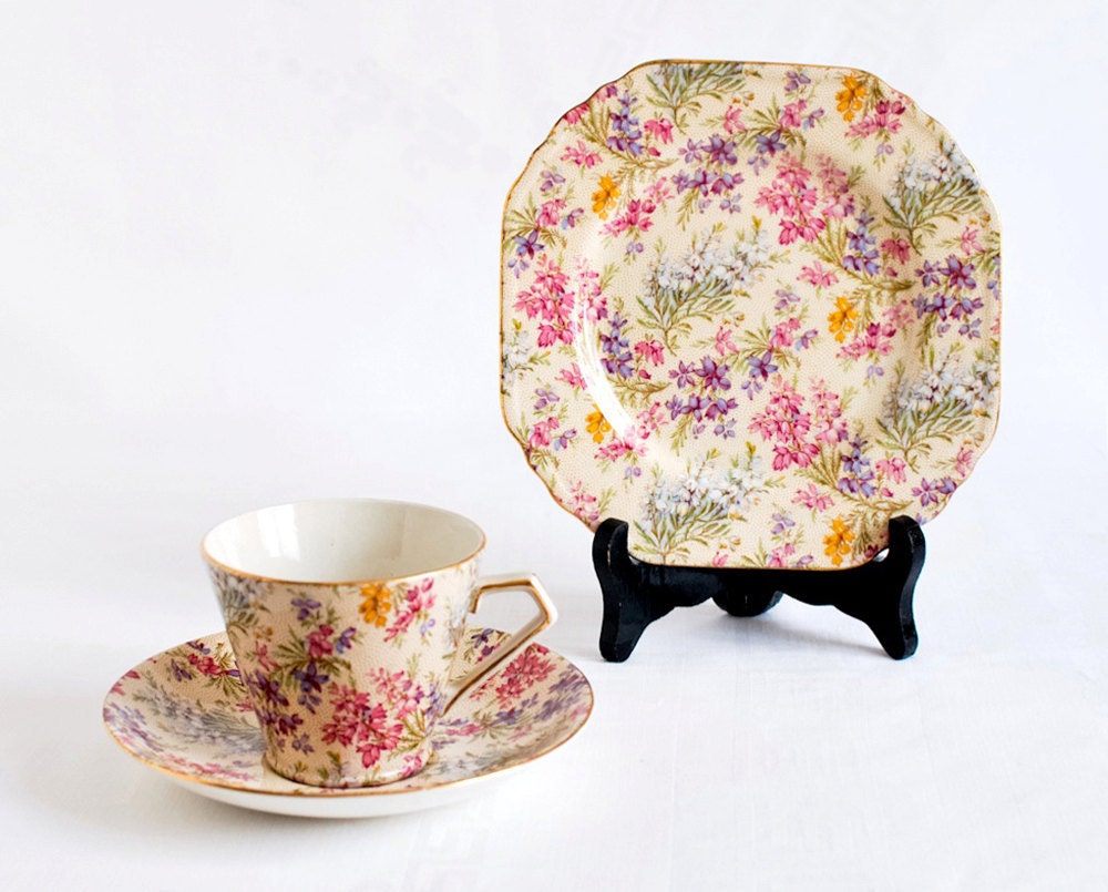 Tea Cup and Plate Set in Vintage English Chintz by QuaintCollector