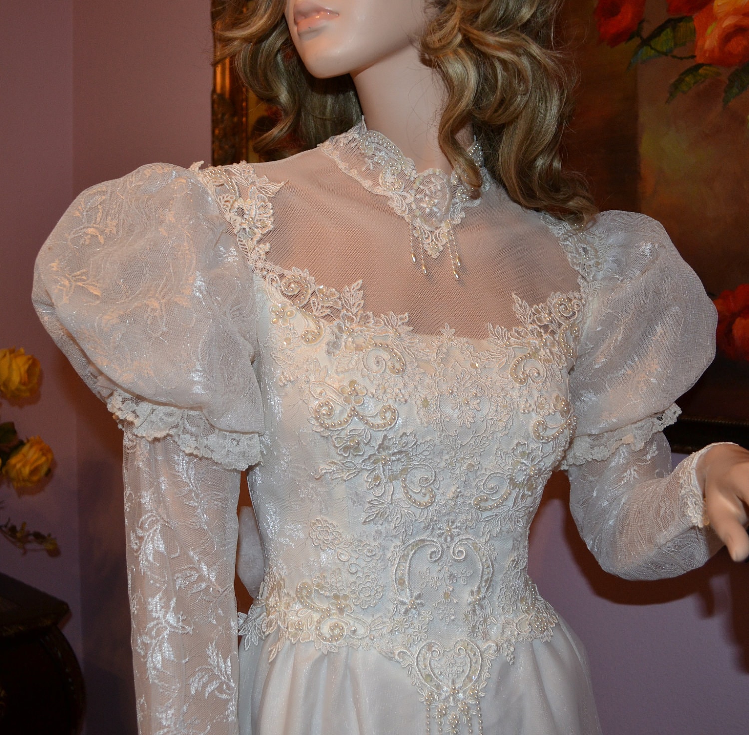 Vintage 1970 or 1980 Wedding Dress Beautiful Bridal Lace