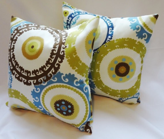 OUTDOOR Two Lime Brown Blue Geometric Circles Suzani by HomeLiving
