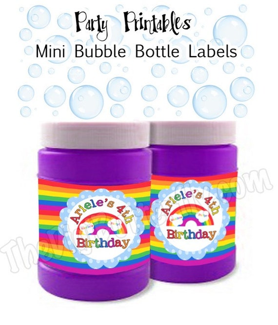 Rainbow Party Personalized Mini Bubble Bottle Labels DIY