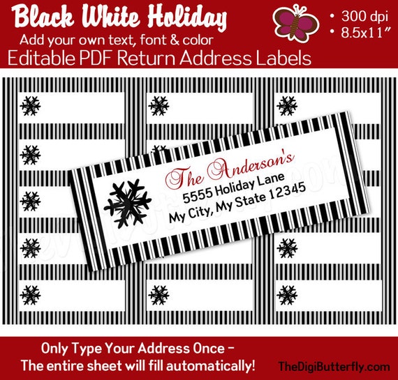 black white holiday return address labels editable pdf black return address labels