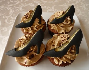 24 Edible Fashion Stiletto Heels Christian Louboutin style - Black & Gold with Red bottom cupcake toppers