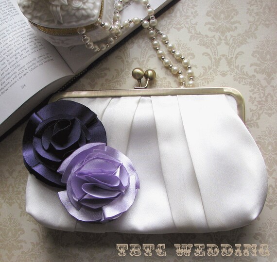 Ivory Bridal Clutch Purse with Purple and Lavender Flower Duo ...