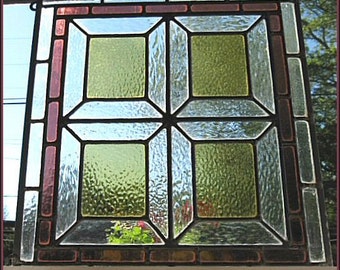Antique 1910's Stained Glass Window, Arts & Crafts Period, Geometric Squares, Rose Clear Gold, 17 x 19, Attached Hangers, 56 pieces textured