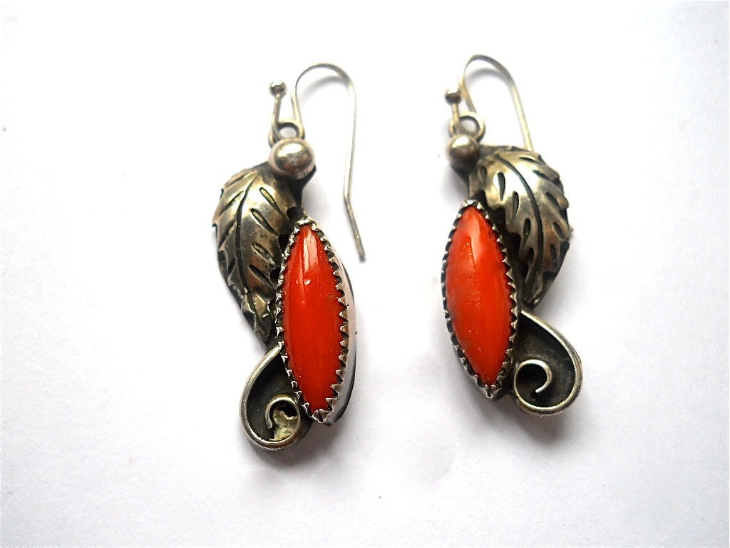 Vintage Silver Navajo Red Coral Earrings