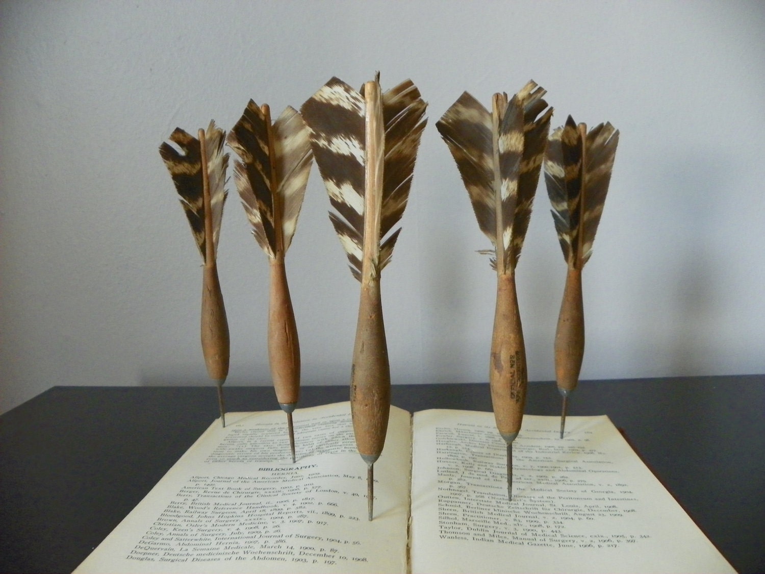 5 Vintage Wooden Darts Natural Feathers