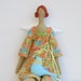 Pretty angel fabric doll,cloth doll with a blue bird, in golden,orange multicolor bird print pantsuit, Summer angel - gift for girls