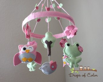 Baby Crib Mobile - Baby Mobile - Owl Mobile - Frog Mobile - Nursery Mobile "Frogs and Owls in the Circle of Love"(You can pick your colors)