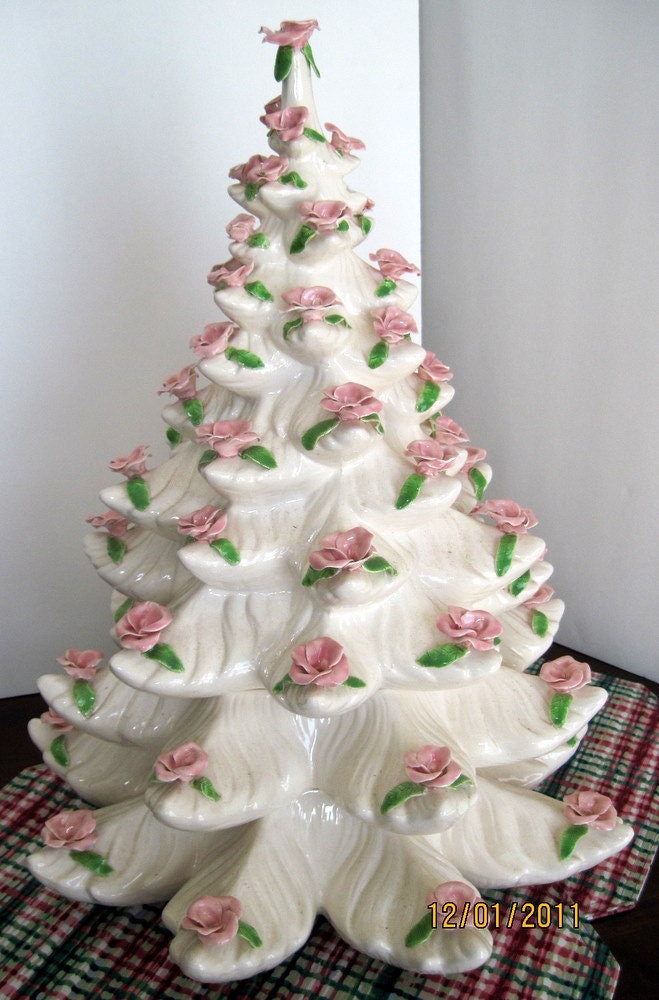 Large Vintage White Christmas Tree Pink Roses Shabby Chic SALE
