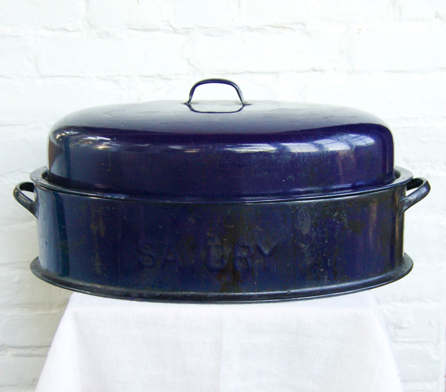 Vintage Navy Savory Enamel Roasting Pan by AdobeHouseVintage