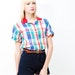 Vintage 80s Indie Plaid Shirt - Button up Short Sleeve Patterned Blouse - Spring Summer Fashion - Small