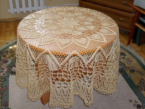 Items similar to Large Round Handmade Crocheted Lace Cotton Tablecloth ...
