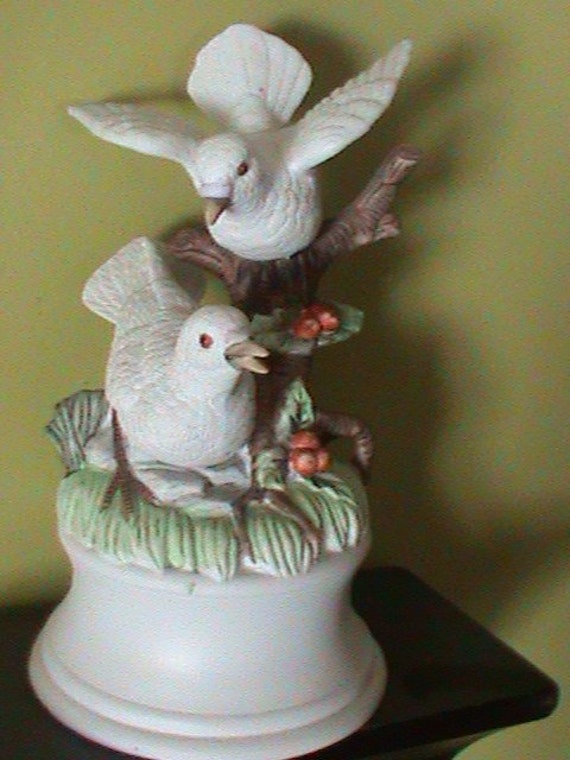 White Doves Royal Crown Bisque Porcelain Music Box
