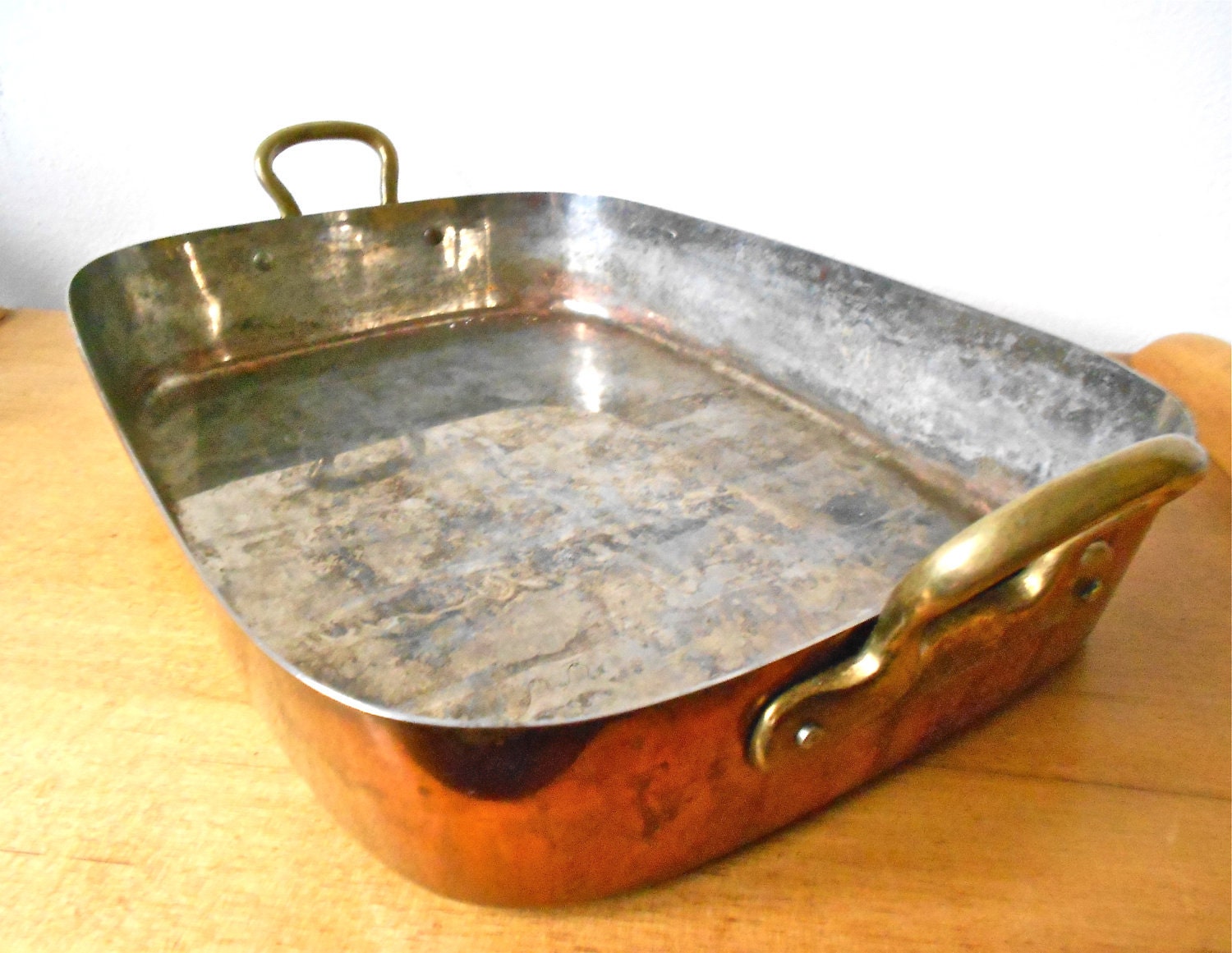 Vintage Copper and Brass Tin Lined Roasting Pan