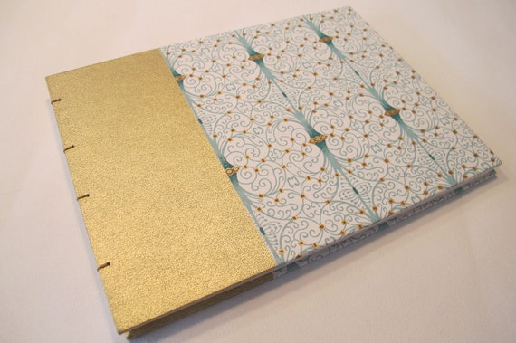 Art Deco Wedding Guest Book: Gold and Mint Green Journal Notebook Coptic Book