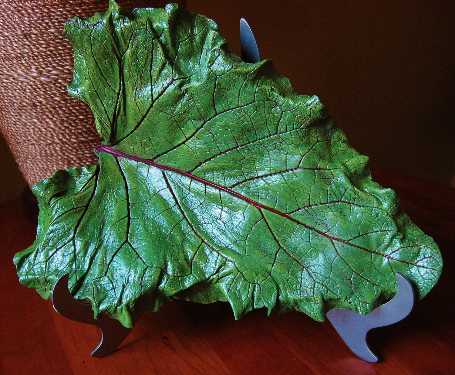 Concrete leaf casting of a rhubarb leaf with FREE display