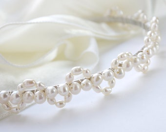 freshwater ivory pearl tiara rice and round pearl silver alice band headband larger lace design for bride, wedding