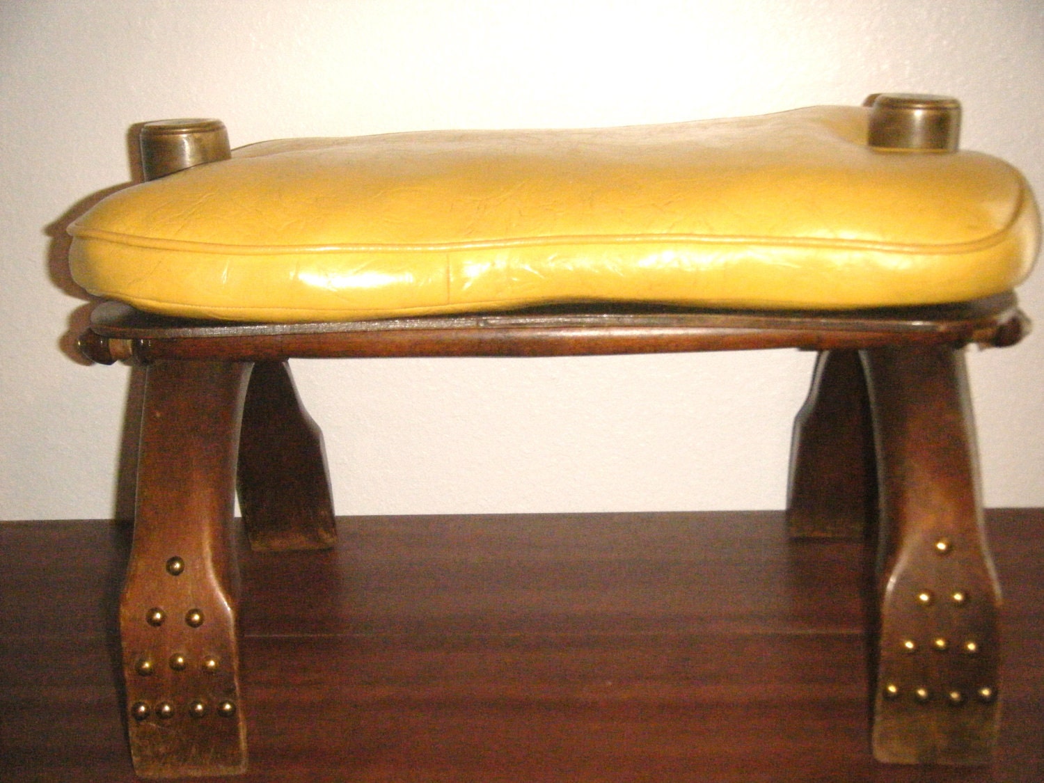 Camel Saddle Foot Stool Wood Brass Egyptian Motif