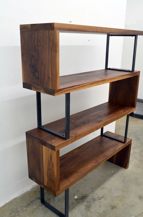 Modern Walnut wood and steel ribbon bookshelf
