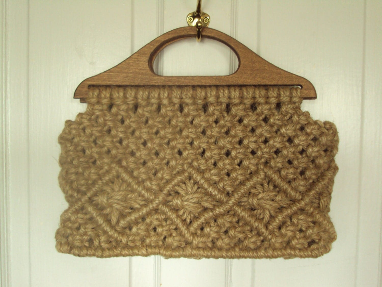macrame bag with wood handles boho hippie handbag 70s