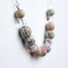 Pink and blue beaded necklace, fabric covered beads in pastels, wood and cream