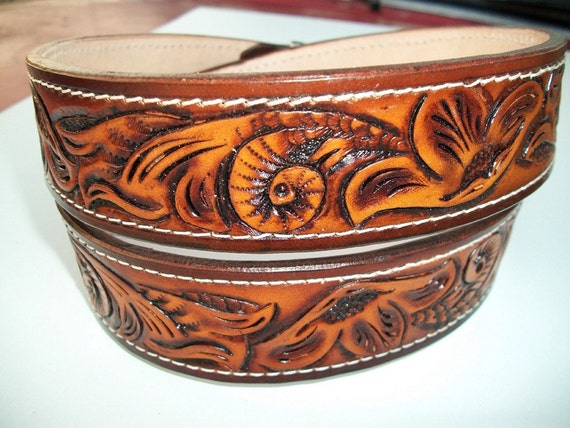 Hand Carved Leather Western Belt Saddle Tan and by PrimalAspect