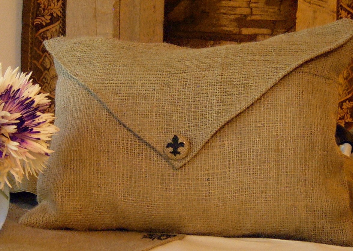 Burlap Envelope Lumbar Pillow Cover with Hand Painted Fluer de