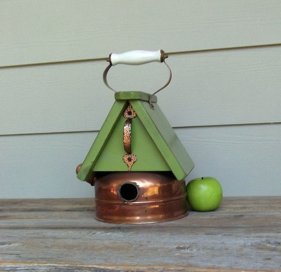 Vintage Copper Tea Kettle Birdhouse Whimsical Birdhouse Lime