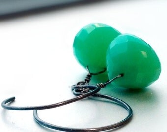 Green Earrings - Sterling Silver Oxidized Jewelry - Chrysoprase Natural Gemstone Jewellery - Teardrop Briolette - Spring Fashion - Bright