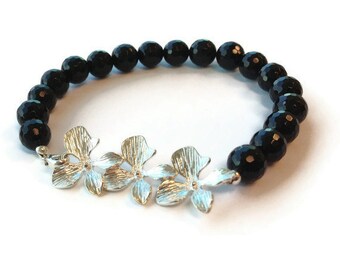 Black Onyx Bracelet - Sterling Silver Jewelry - Flower Jewellery - Orchid - Prom - Graduation - Gemstone B-TBM