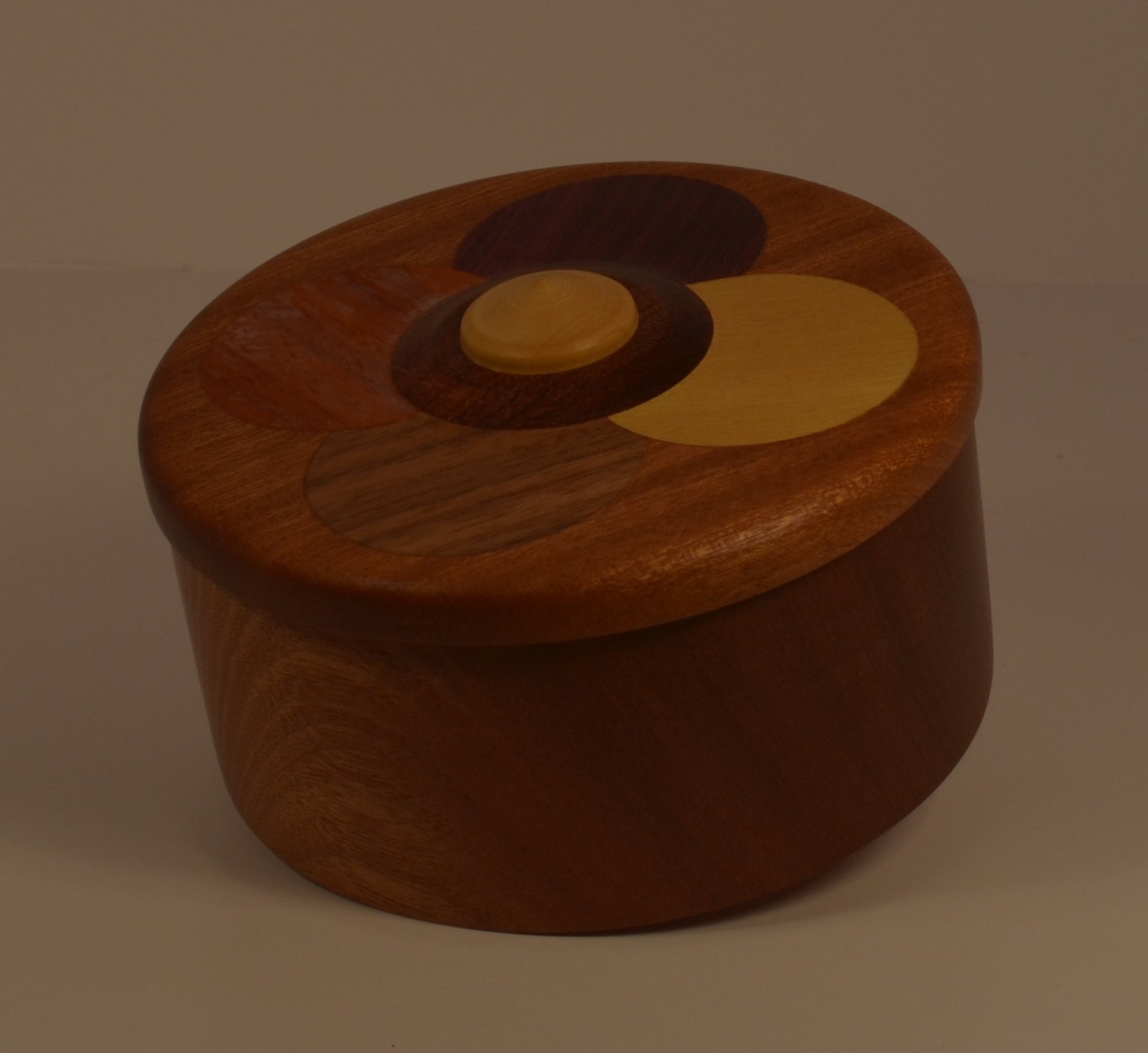 Round Wooden Jewelry box with inlaid lid