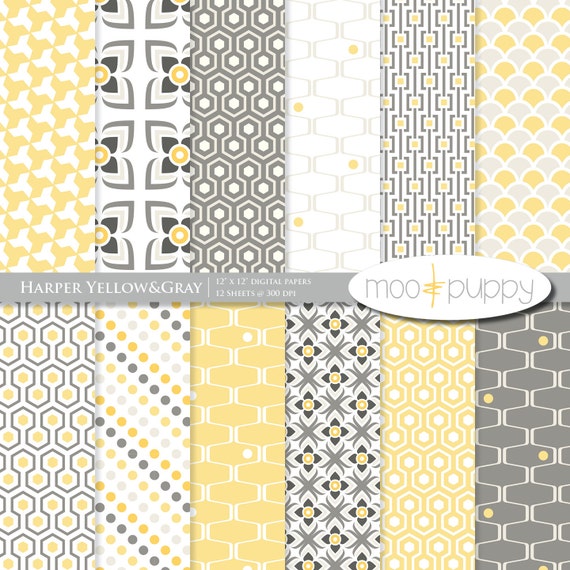 Items similar to Yellow and Gray Digital Scrapbook Paper Pack Harper