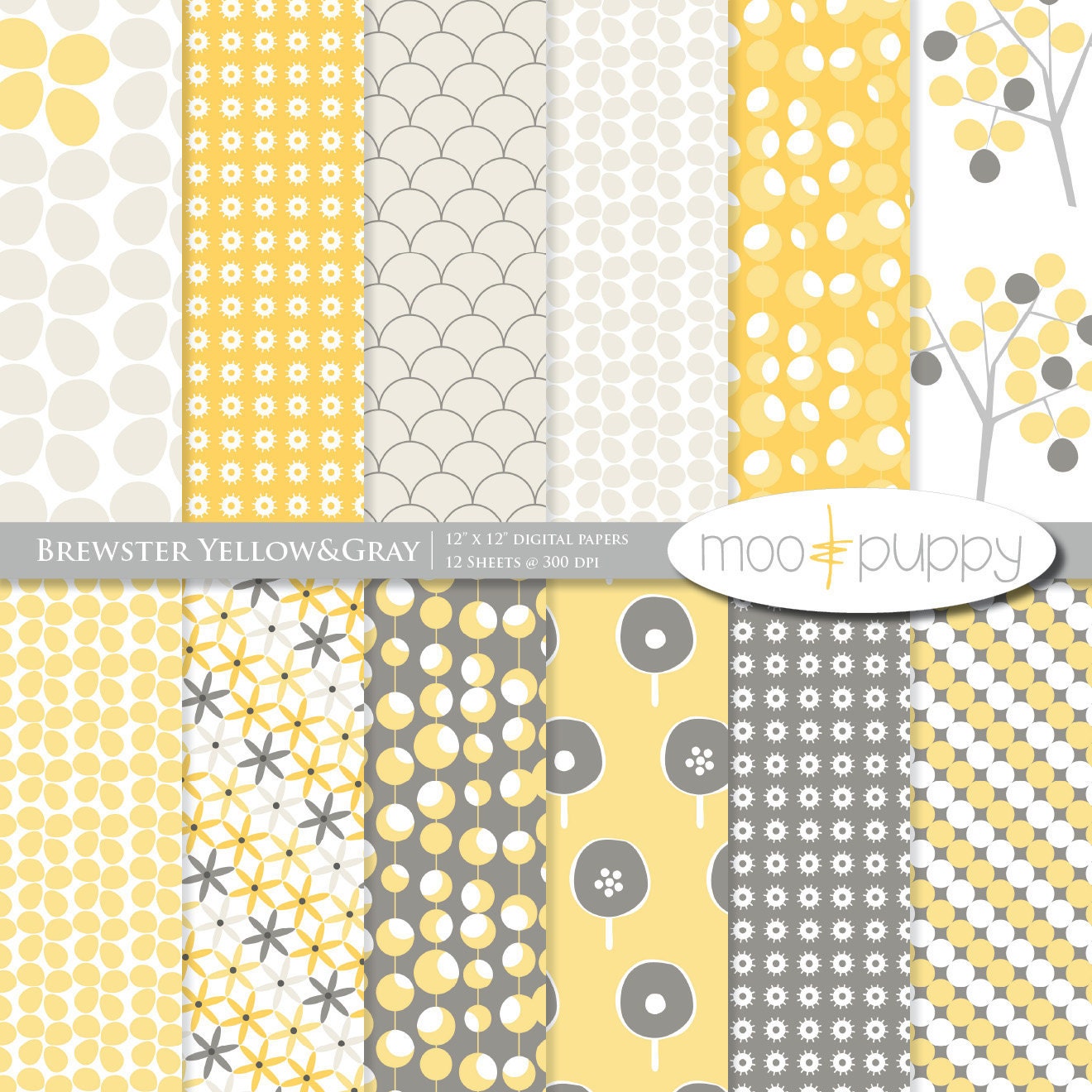Yellow and Gray Digital Scrapbook Paper Pack Brewster