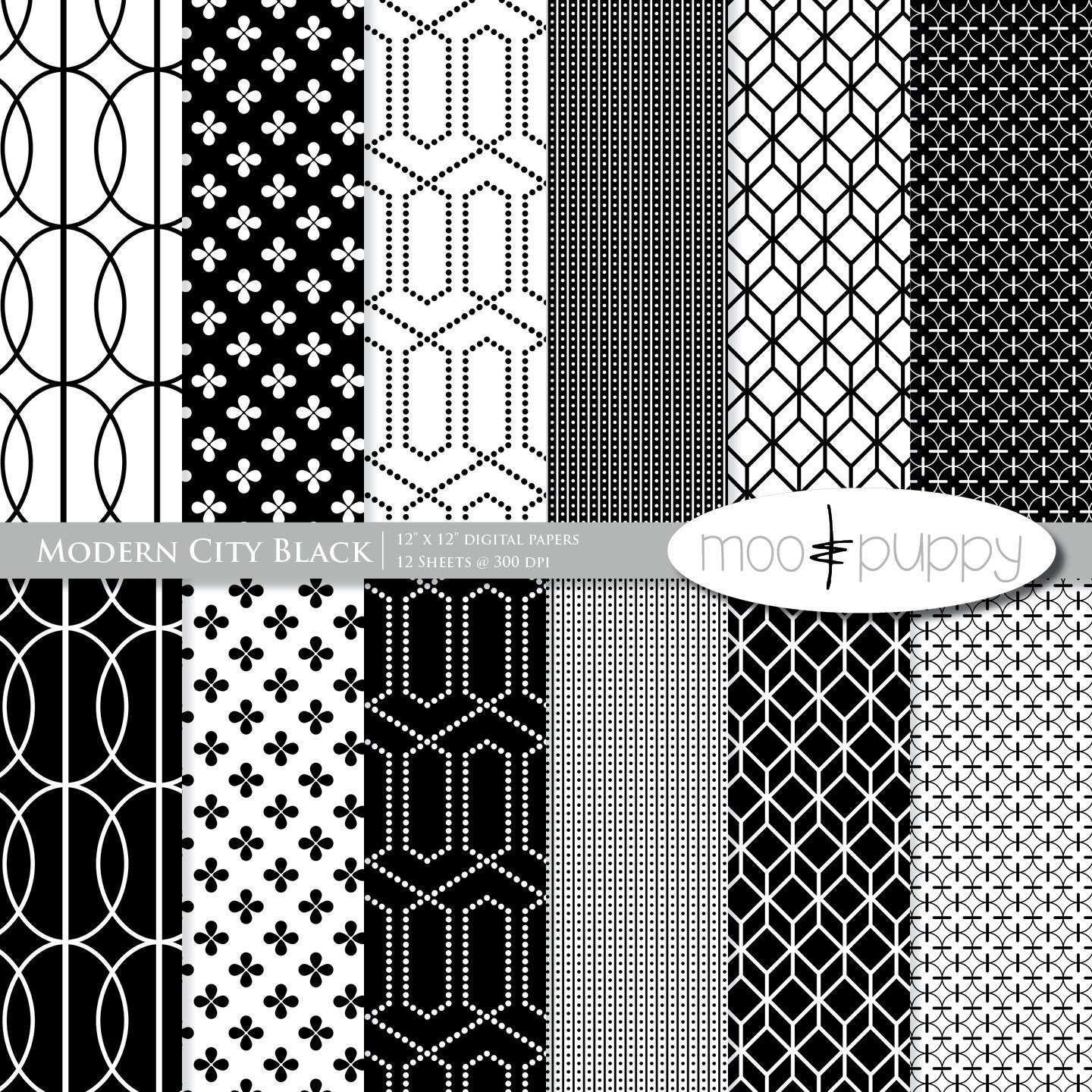 Black and white Modern Digital Scrapbook Paper Pack by mooandpuppy