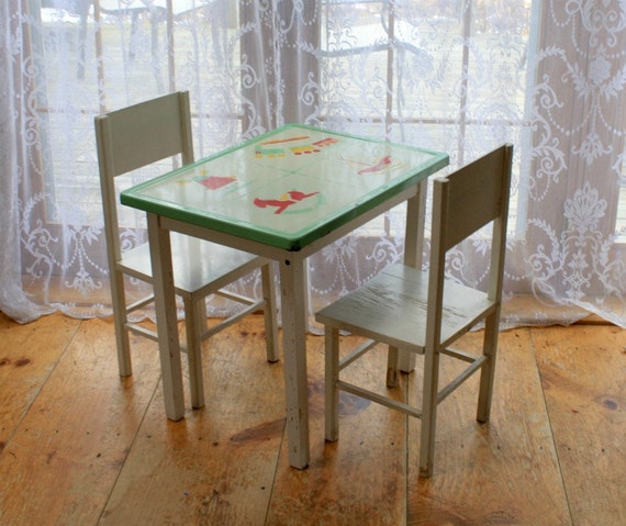 Vintage Enamel Table and Chair Set for Children