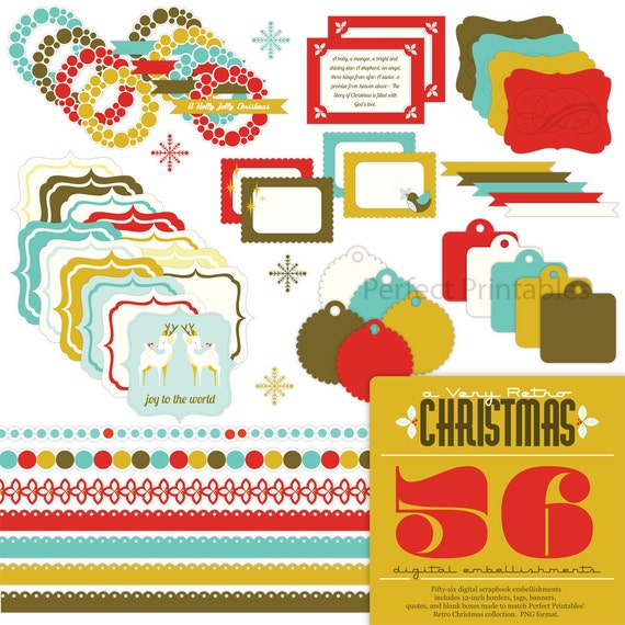 Items similar to Retro Christmas Digital Scrapbook Embellishments on Etsy