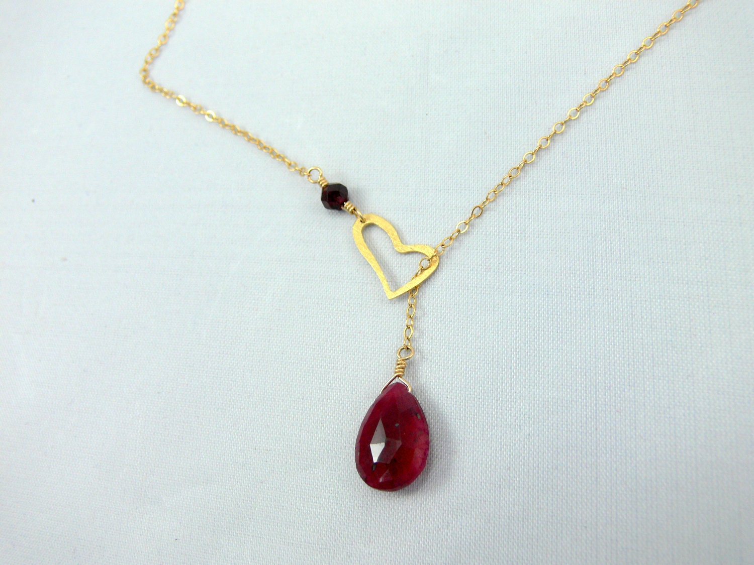 RUBY NECKLACE Heart Charm and Ruby Lariat Style Necklace