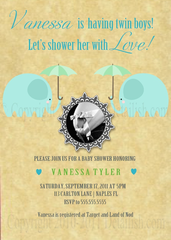 Modern Elephant Twin Boys or Baby Bridal Wedding Shower Baby Shower Birthday Invitation -Print As Many As You Need 343 Il_570xn
